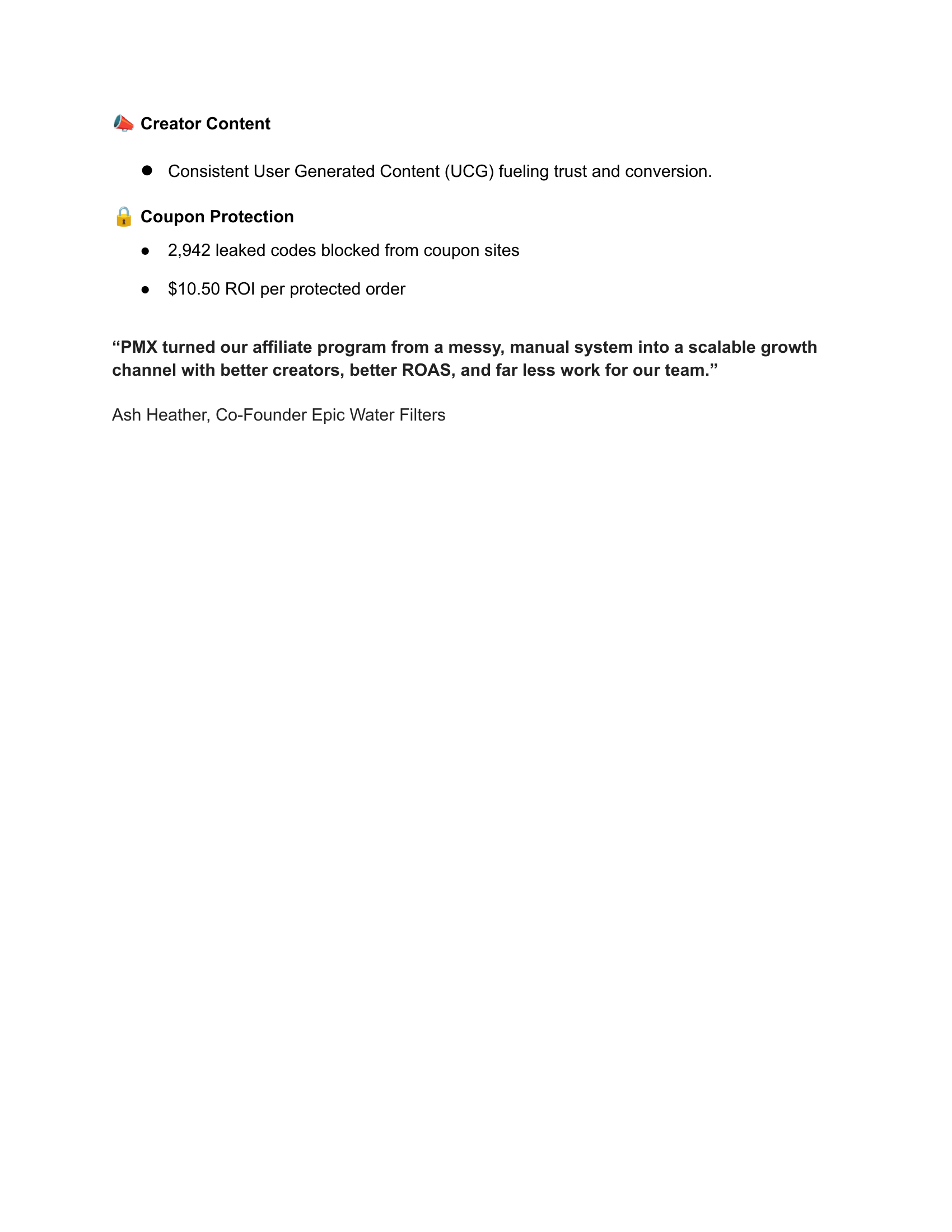 Epic Water Filters × PMX case study page 3: creator content results, coupon protection metrics showing 2,942 leaked codes blocked with $10.50 ROI per protected order, and testimonial quote